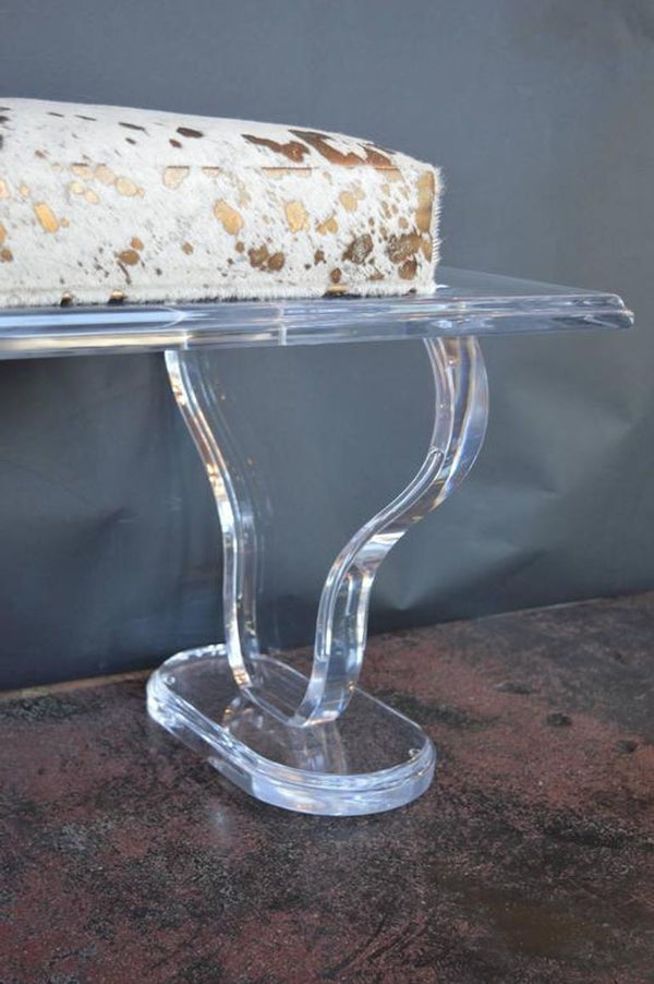 Lucite Bench with Gold Splatter Cowhide Upholstery, U.S.A. 1980's.