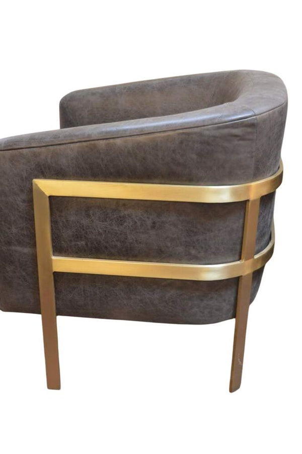 Pair of Distressed Leather Armchairs w/ Brass Frames. Style of Milo Baughman.