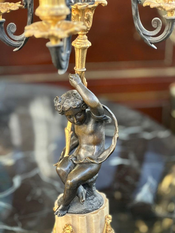 Pair of French 19th Century Putti Candelabras on Marble Base