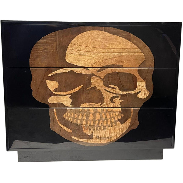 Pair of Early 21st C. Black Commodes with Inlaid Skull Design and Resin Finish