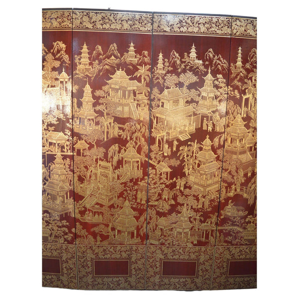 Robert Crowder Four-Panel Chinoiserie Screen with Gold Leaf on Red Background.