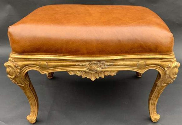 Pair of Italian Gilt-Wood Benches with Brown Leather Upholstery, 20th Century.