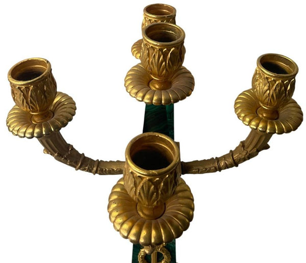 Pair of Early 20th C. French Malachite Candelabras with Gilt Bronze Details.