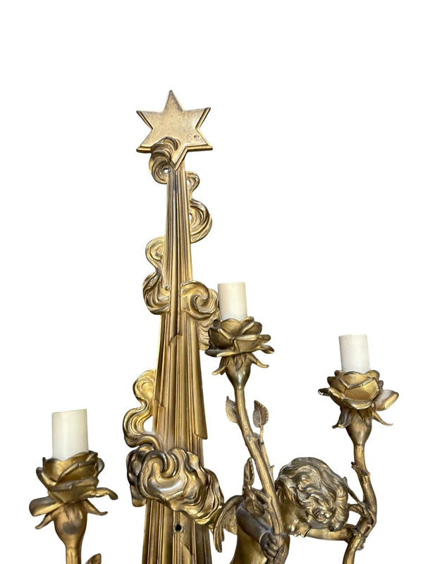 Pair of French Gilt Bronze Figural Four-Light Sconces, Late 19th Century.