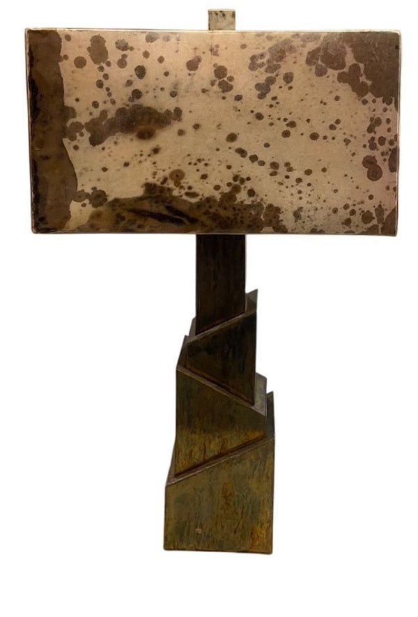 Pair of Brutalist Table Lamps with Tortoise Brass Base and Parchment Tan Shades.