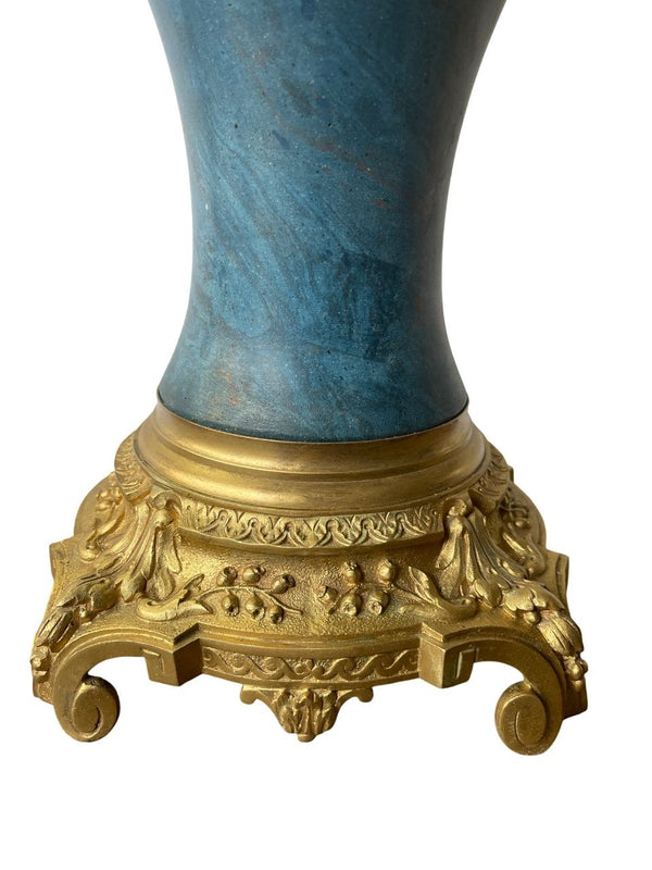 Pair 19th C. French Bronze Candelabra Carved Blue Stone with Gilt Floral Bouquet