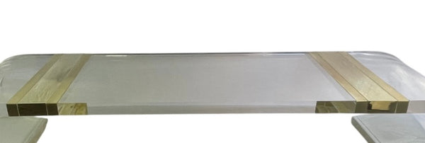 Massive Scroll Acrylic Coffee Table w Curved Legs & Brass Details. U.S.A. 1980's