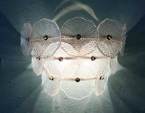 Pair of Clear Round Petal Murano Glass & Polished Brass Sconces, Italy, 1980's.