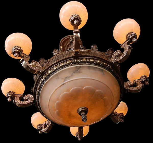 19th C. American Victorian Bronze Eight-Arm Justice Chandelier Alabaster Shades