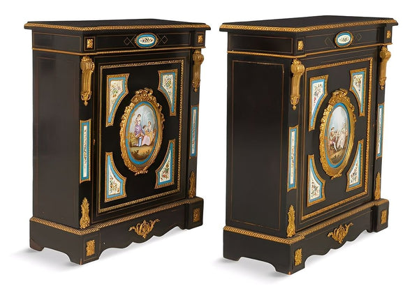 Pair of French Mid-19th C. Napoleon III Sevres-Mounted Ebonized Parlor Cabinets
