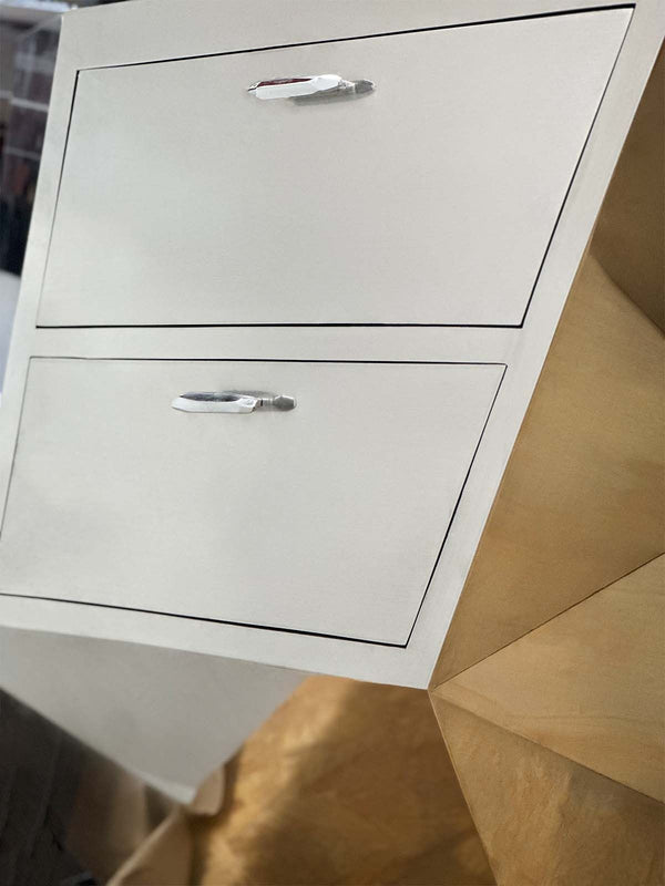 Minimalist “Popova” Desk in Brushed Stainless Steel with Mahogany Drawers. U.S.A