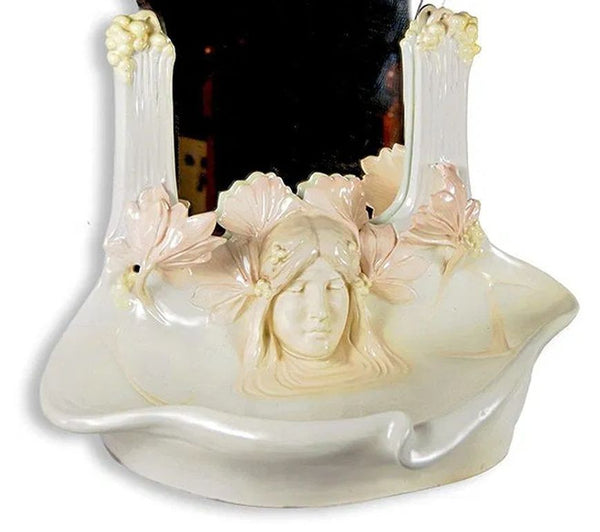 19th Century French Art Nouveau Majolica Mirror and Basin with Female Bust.