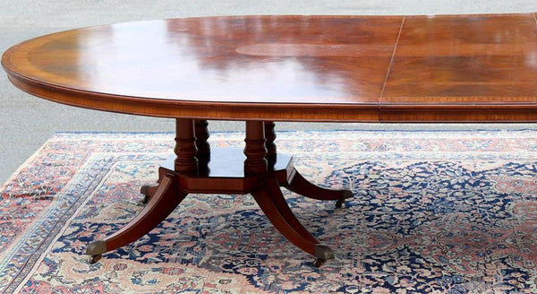 English Regency Mahogany & Satinwood Extendable Dining Table. 1960's.