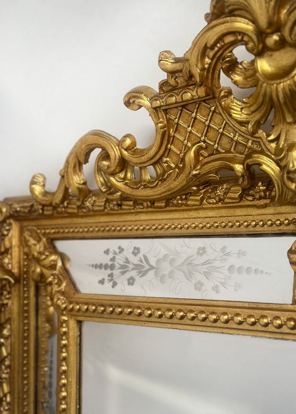 French Louis XV Style Hand-Carved Gilt Mirror w/ Etched Glass, Late 19th Century
