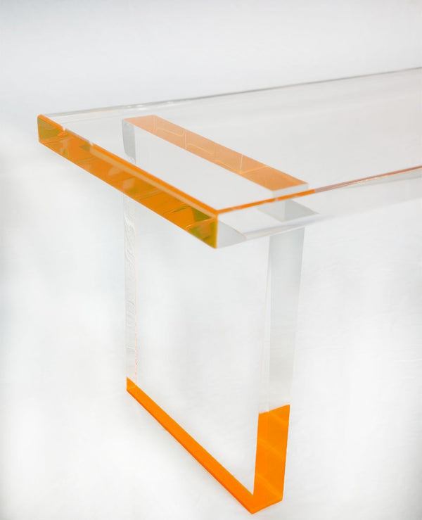 Pair of Modern Lucite Bench w/ Fluorescent Orange Details by Pegaso Gallery