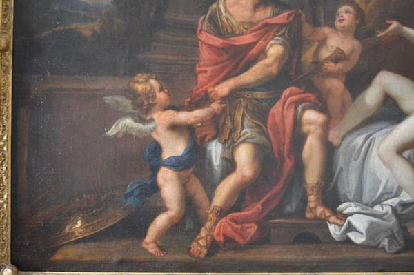 18th C. French School Oil Painting of Mars & Venus w/ Putti in a Giltwood Frame.
