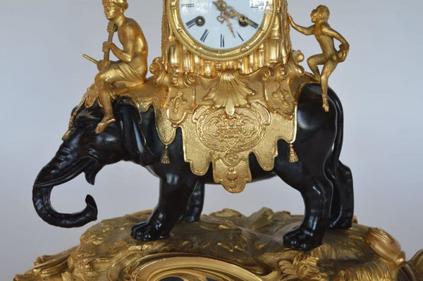 19th C Louis XV Style Gilt Bronze Elephant Clock Signed by Barreau F. de Bronzes