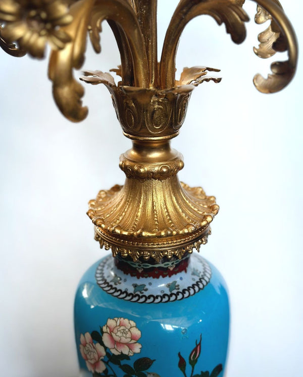 Pair of Japanese Export Cloisonné & Ormolu Candelabra Vases