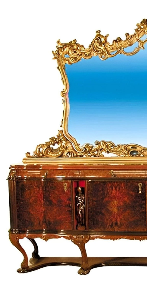 Rococo Sideboard with Gilded Mirror and Carved Figures. Italy, 1920's.