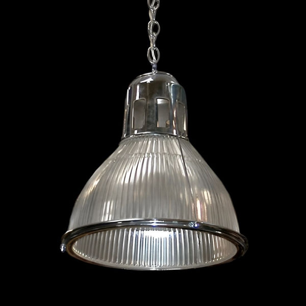 Set of Four Original Holophane Nickel & Glass Pendant Lights, U.S.A. c. 1920s