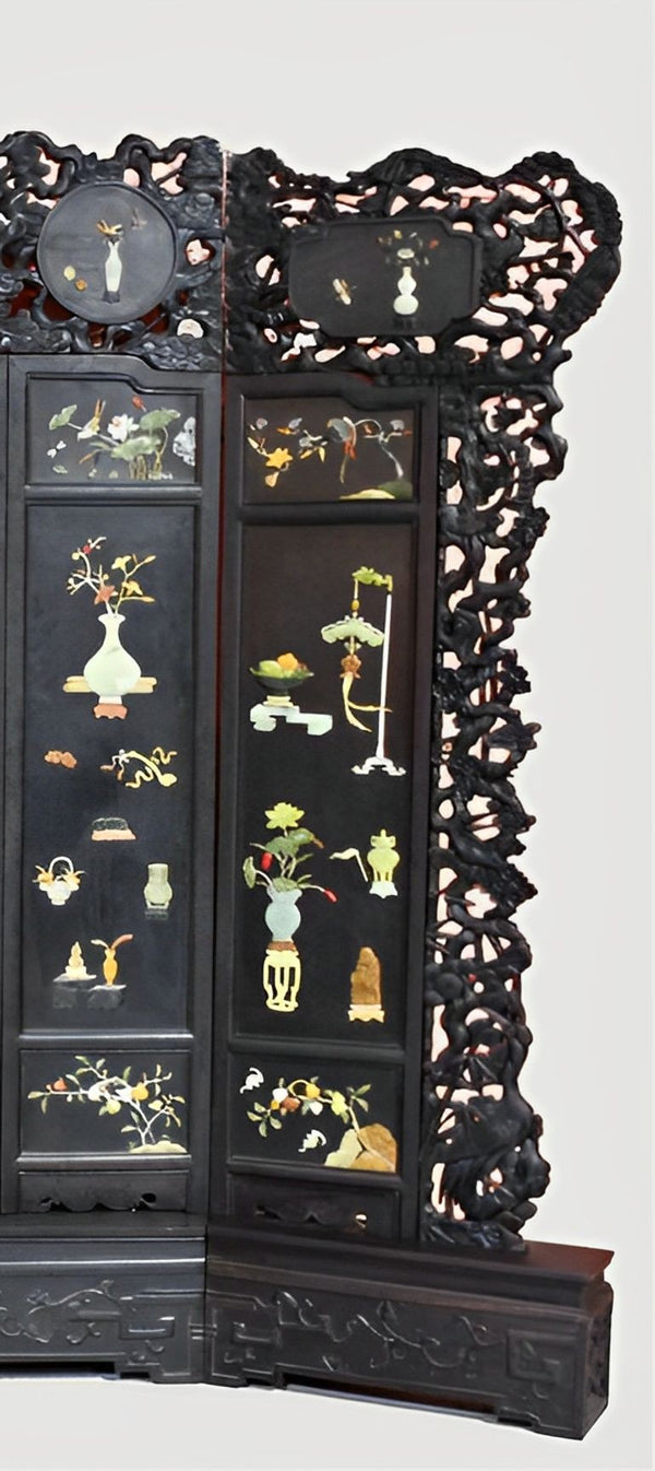 Chinese Seven-Panel Inlaid Zitan Screen Qing Dynasty/Republic Period Late 19th C
