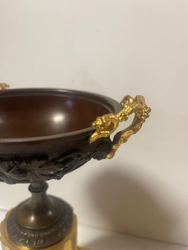 Pair of Greek Revival Bronze Relief Neoclassical Tazze with Bacchanalian Motifs