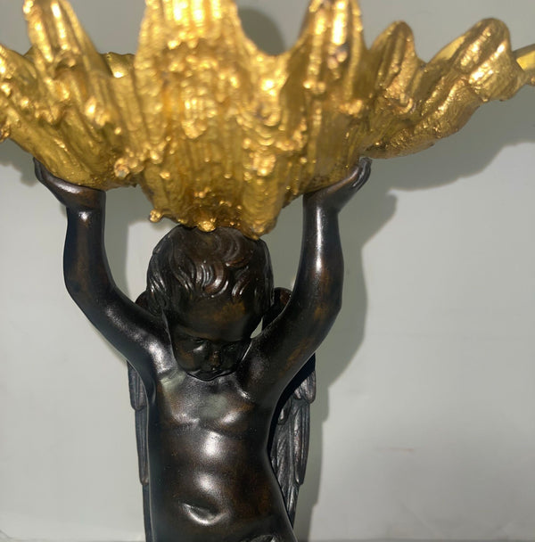 Pair of 19th C. Gilt Bronze Garnitures with Shell-Form Bowls Supported by Angels