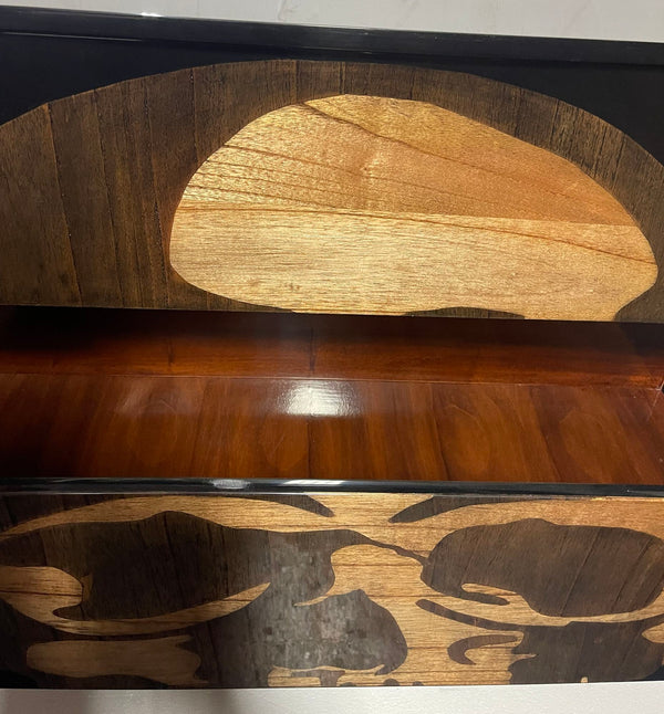 Pair of Early 21st C. Black Commodes with Inlaid Skull Design and Resin Finish