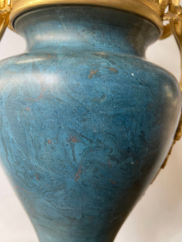 Pair 19th C. French Bronze Candelabra Carved Blue Stone with Gilt Floral Bouquet