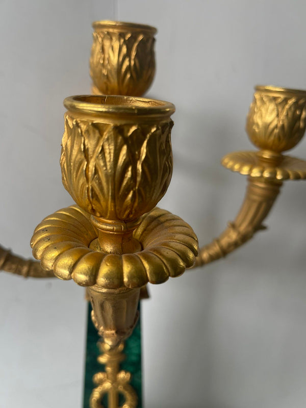 Pair of Early 20th C. French Malachite Candelabras with Gilt Bronze Details.