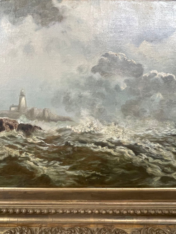 19th Century Oil on Canvas Seascape with Lighthouse.