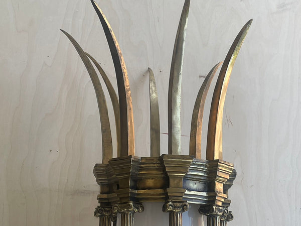 Pair Early 20th Century American Victorian Bronze Spiked Lantern Sconces w Glass