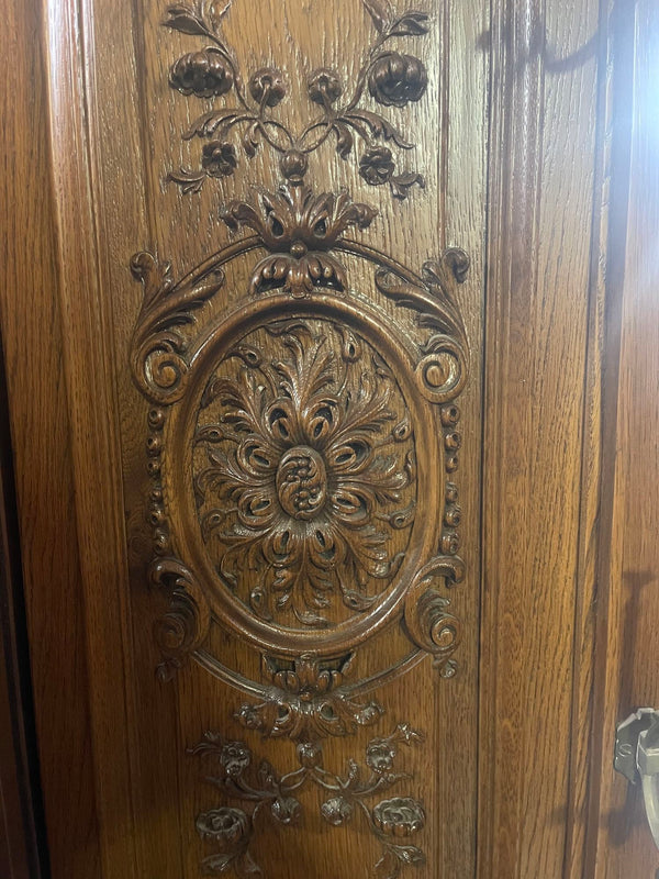 Mid-19th c. French Oak Hall Tree with Mirror & Elegantly Hand Carved Details