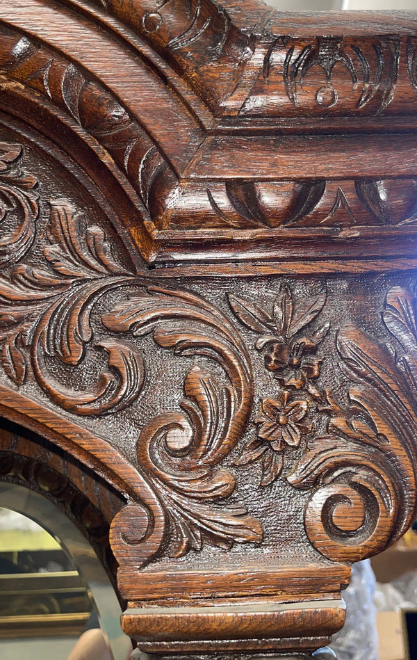 American Victorian Oak Sideboard with Carved Details & Triple Mirror, c.1880