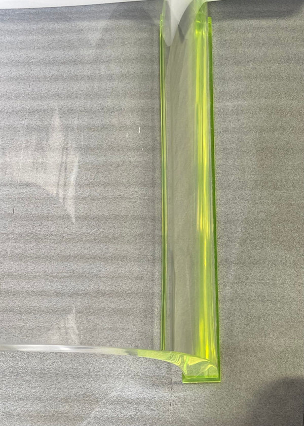 Long Acrylic Coffee Table w/ Brass & Fluorescent Green Details, U.S.A 1980's.