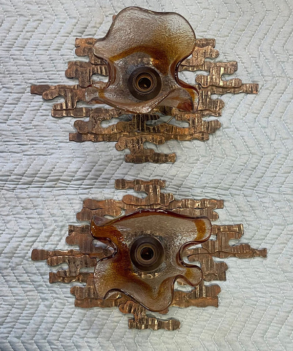 Pair of Murano Glass Sconces by Mazzega on Brutalist Metal Frames. Italy, 1970's