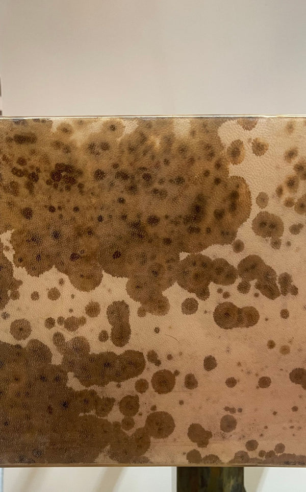 Pair of Brutalist Table Lamps with Tortoise Brass Base and Parchment Tan Shades.