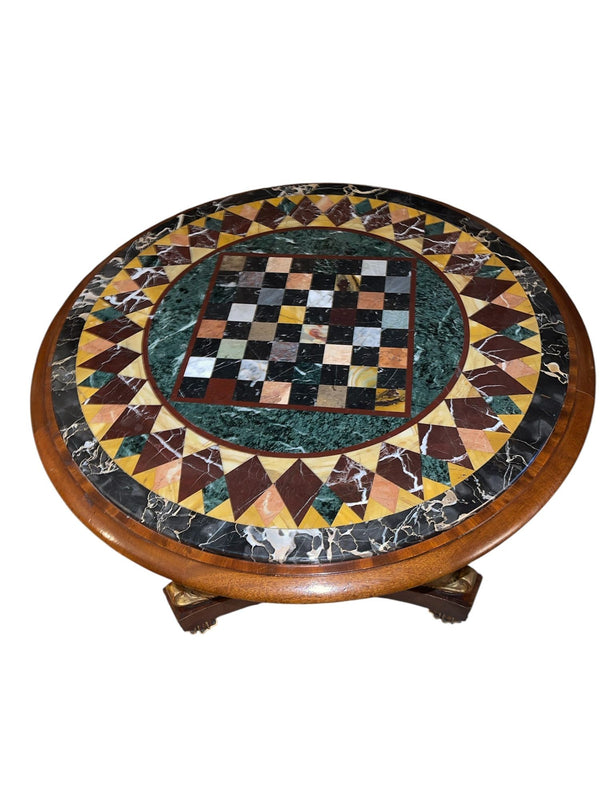 Pair Italian Early 20th C. Pietra Dura Chess Tables with Mahogany and Gilt Bases