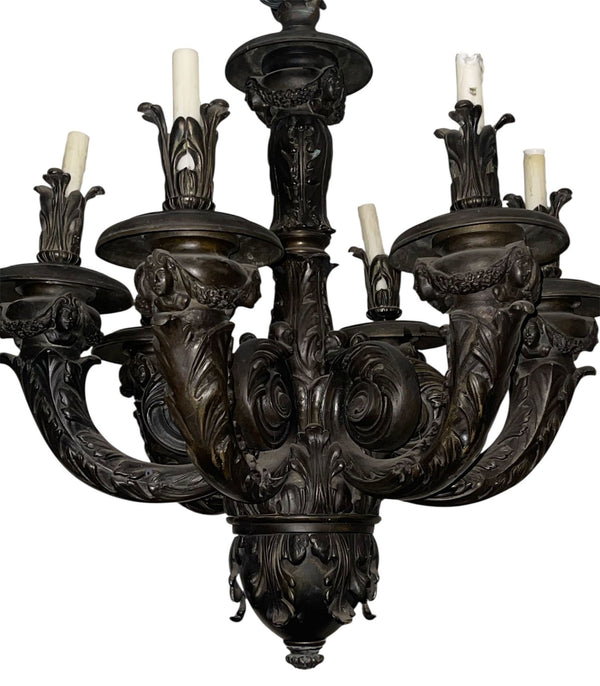 Pair of Monumental French Neoclassical Bronze Chandeliers, Late 19th Century.