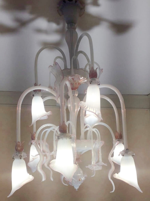 Venetian Opaline and Pink Chandelier by Galliano Ferro, Italy 1950's.