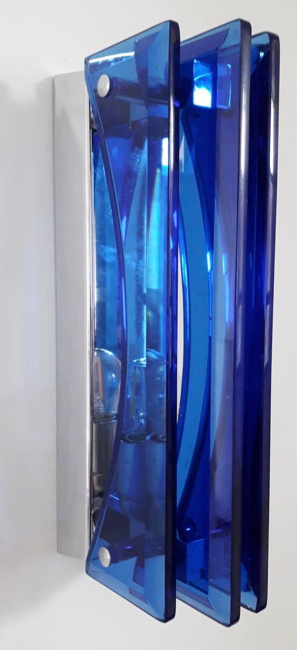 Set of Ten Sconces w/ Beveled Cobalt Blue Glass Designed by Veca. Italy, 1960's.
