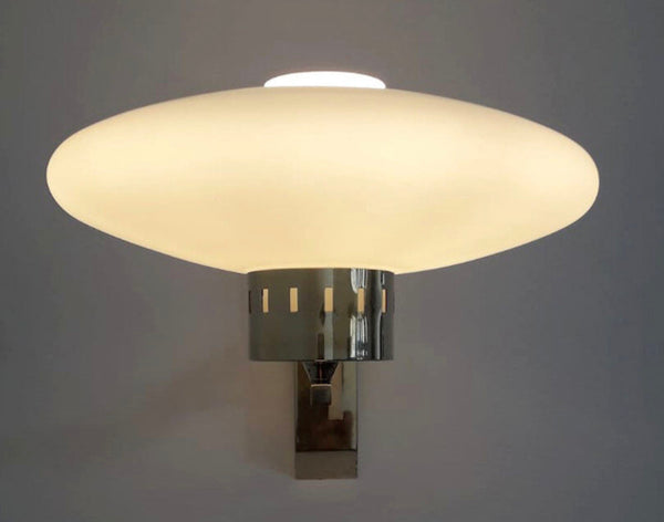 Set of Four Mid-Century Opaline Disk Glass Sconces on Brass Frame. Italy, 1960's