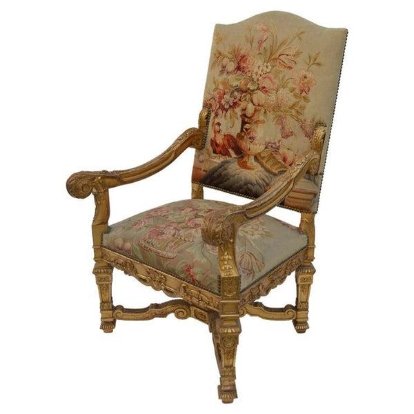 Pair of Large Late 19th Century French Neoclassical Gilded Walnut Armchairs