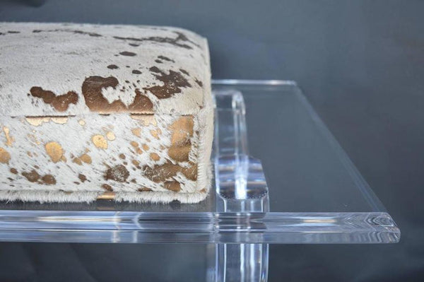 Lucite Bench with Gold Splatter Cowhide Upholstery, U.S.A. 1980's.