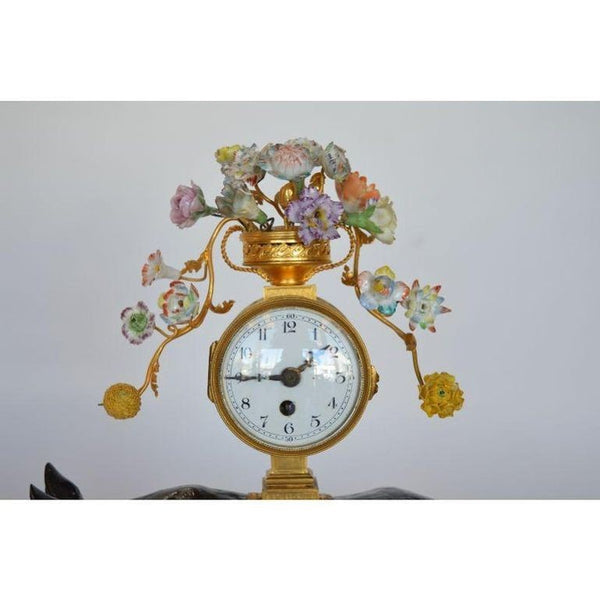 Late 19th C. French Gilt Bronze & Patinated Rhino Clock on Marble Base