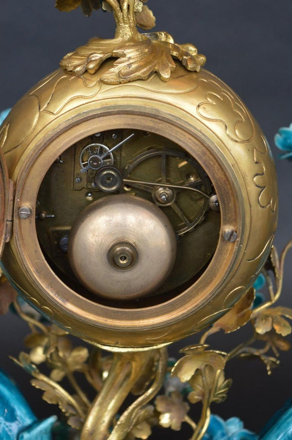 Rococo Chinosoiserie Style Three-Piece Gilt Bronze and Porcelain Clock Garniture