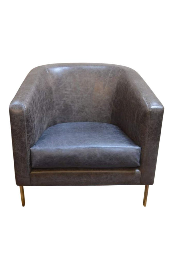 Pair of Distressed Leather Armchairs w/ Brass Frames. Style of Milo Baughman.