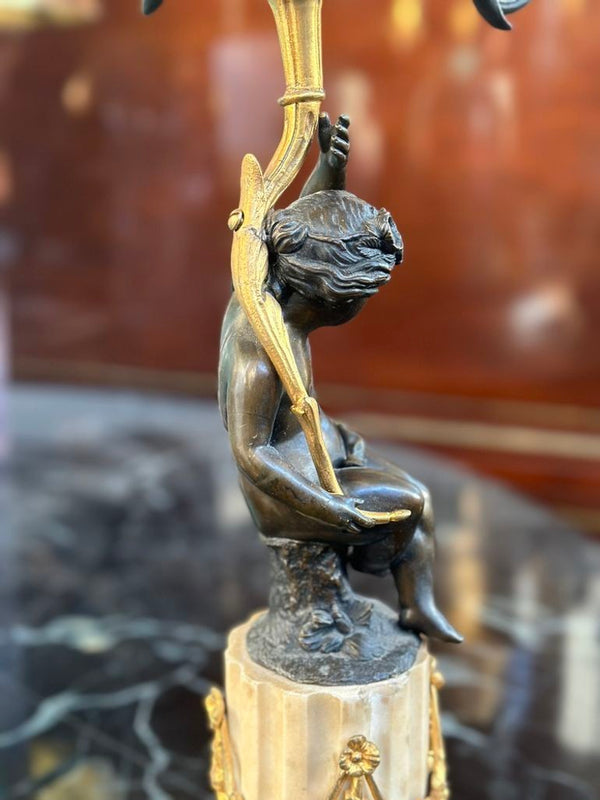 Pair of French 19th Century Putti Candelabras on Marble Base