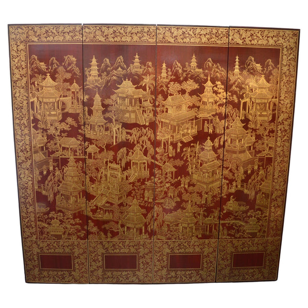 Robert Crowder Four-Panel Chinoiserie Screen with Gold Leaf on Red Background.
