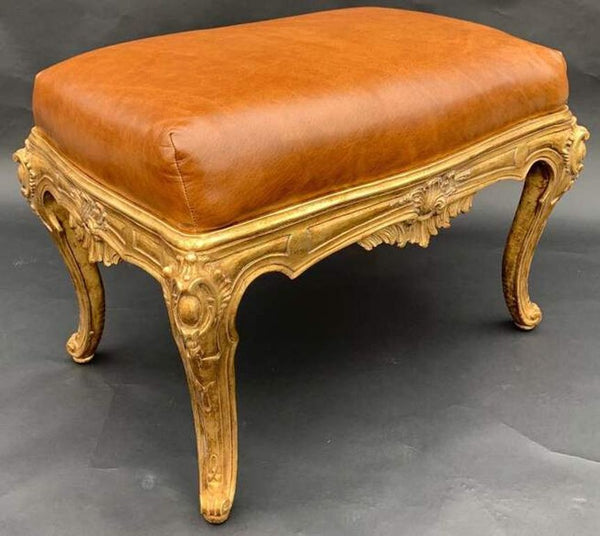 Pair of Italian Gilt-Wood Benches with Brown Leather Upholstery, 20th Century.